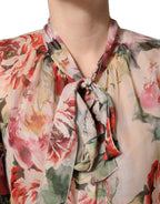 Multicolor Floral Tie-Neck Silk Chiffon Blouse Top