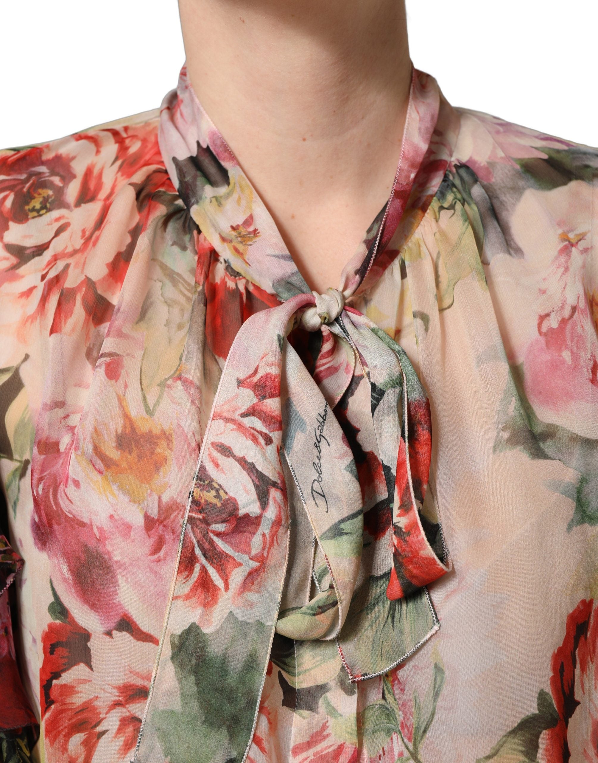 Multicolor Floral Tie-Neck Silk Chiffon Blouse Top