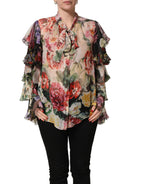 Multicolor Floral Tie-Neck Silk Chiffon Blouse Top