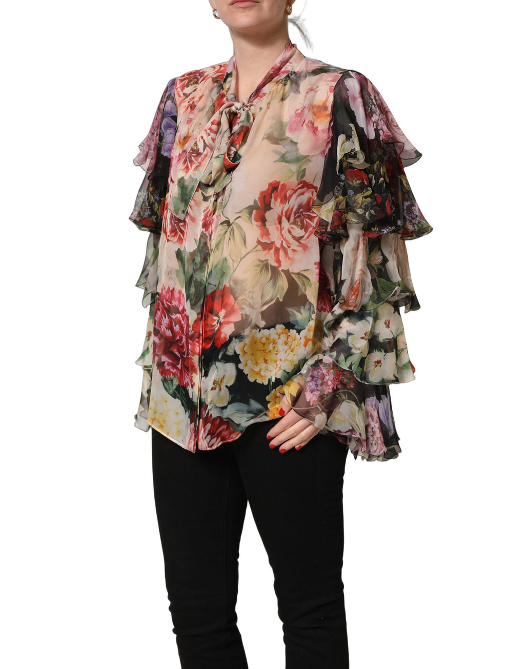 Multicolor Floral Tie-Neck Silk Chiffon Blouse Top