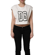 White Cotton DG Logo Print Cropped Jersey Top