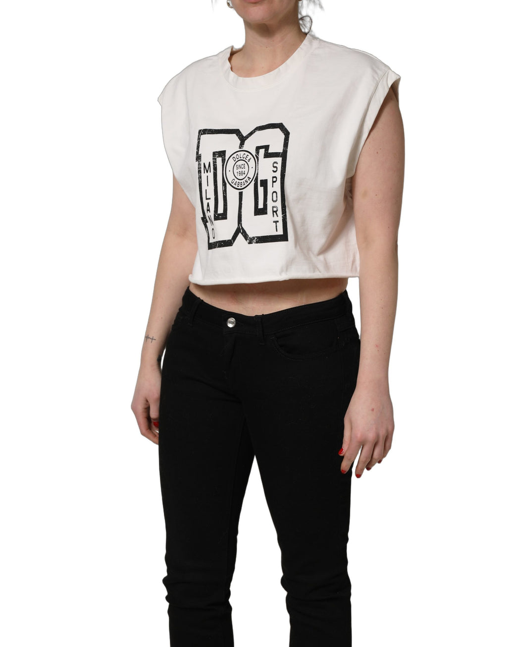 White Cotton DG Logo Print Cropped Jersey Top