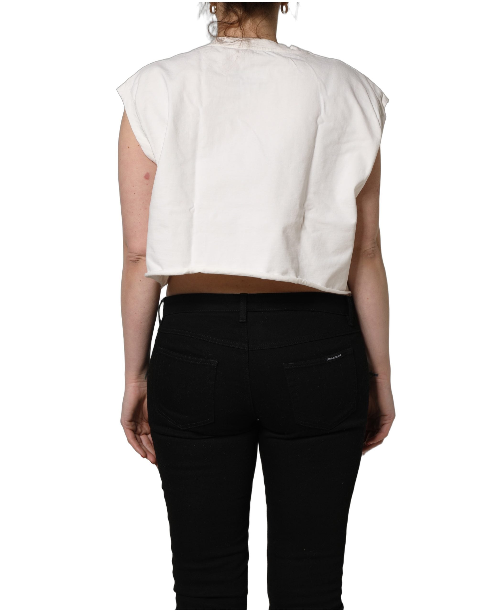 White Cotton DG Logo Print Cropped Jersey Top