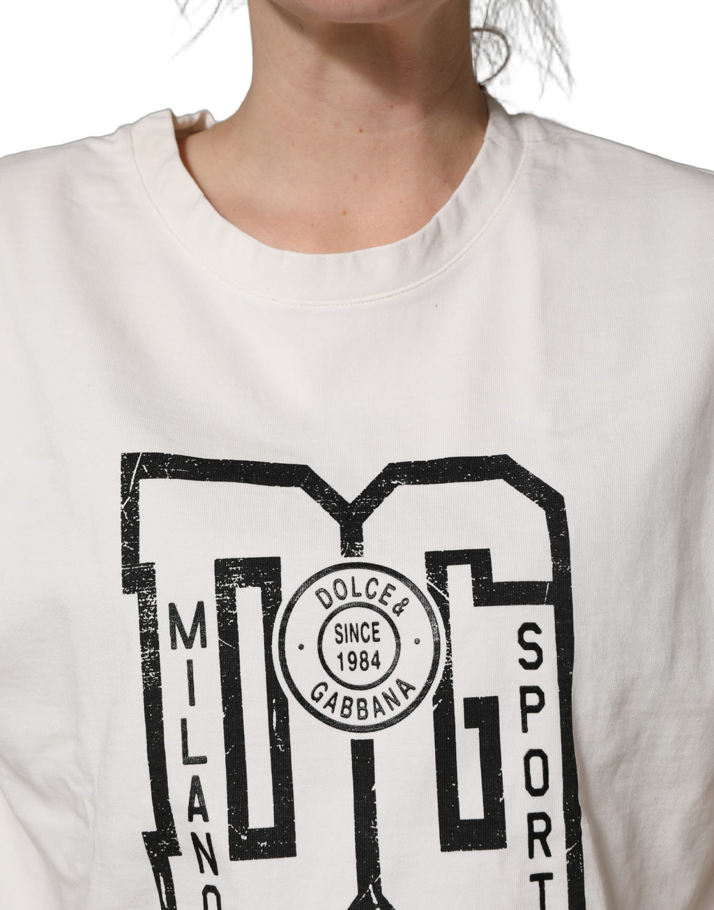 White Cotton DG Logo Print Cropped Jersey Top