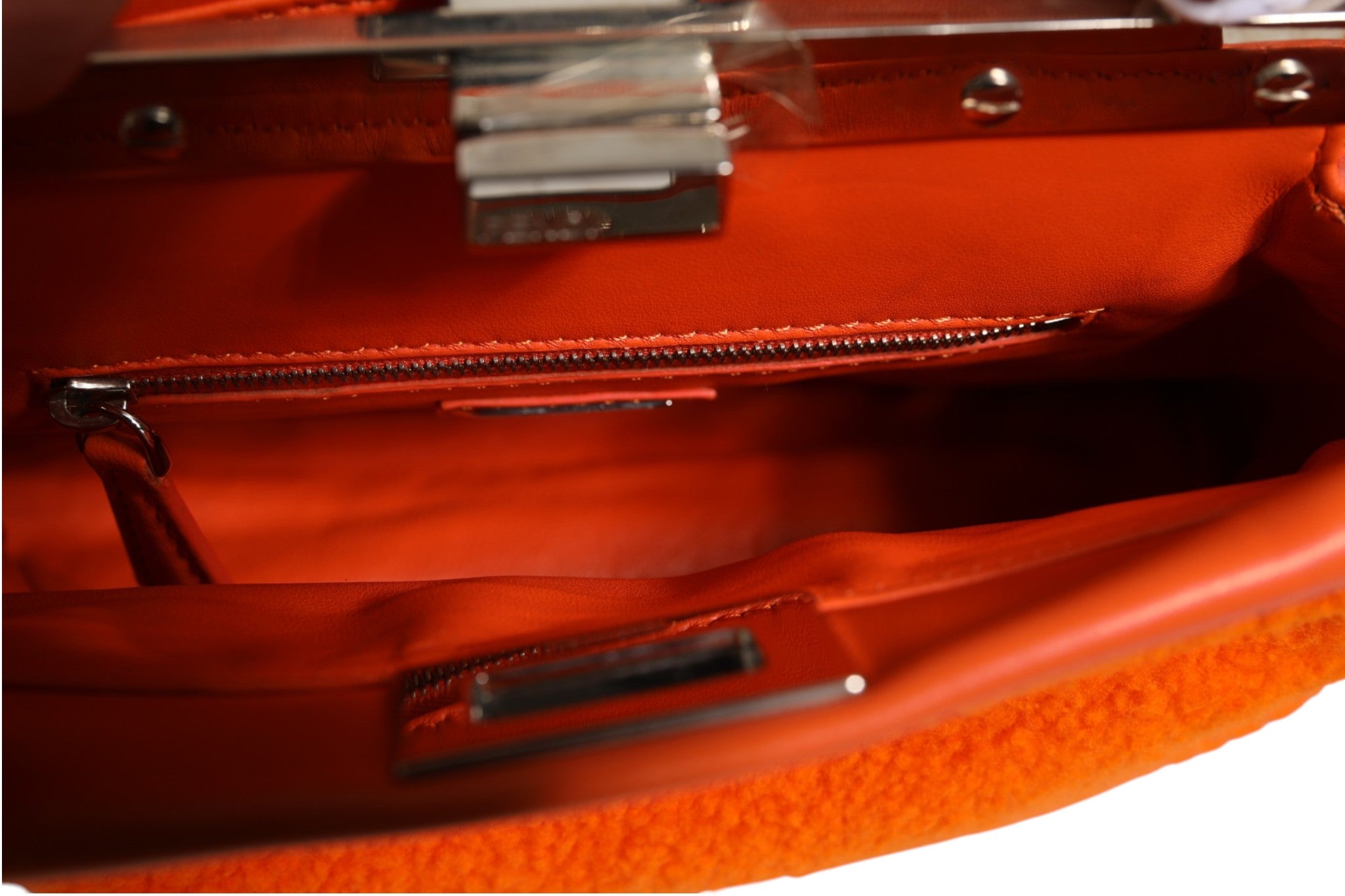 Orange Leather and Shearling Mini Peekaboo Top Handle Bag