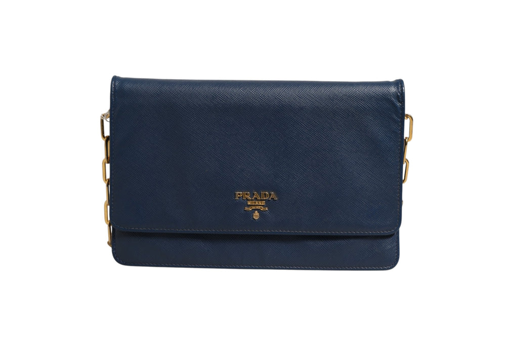 Blue Saffiano Leather Wallet on Chain Clutch Bag