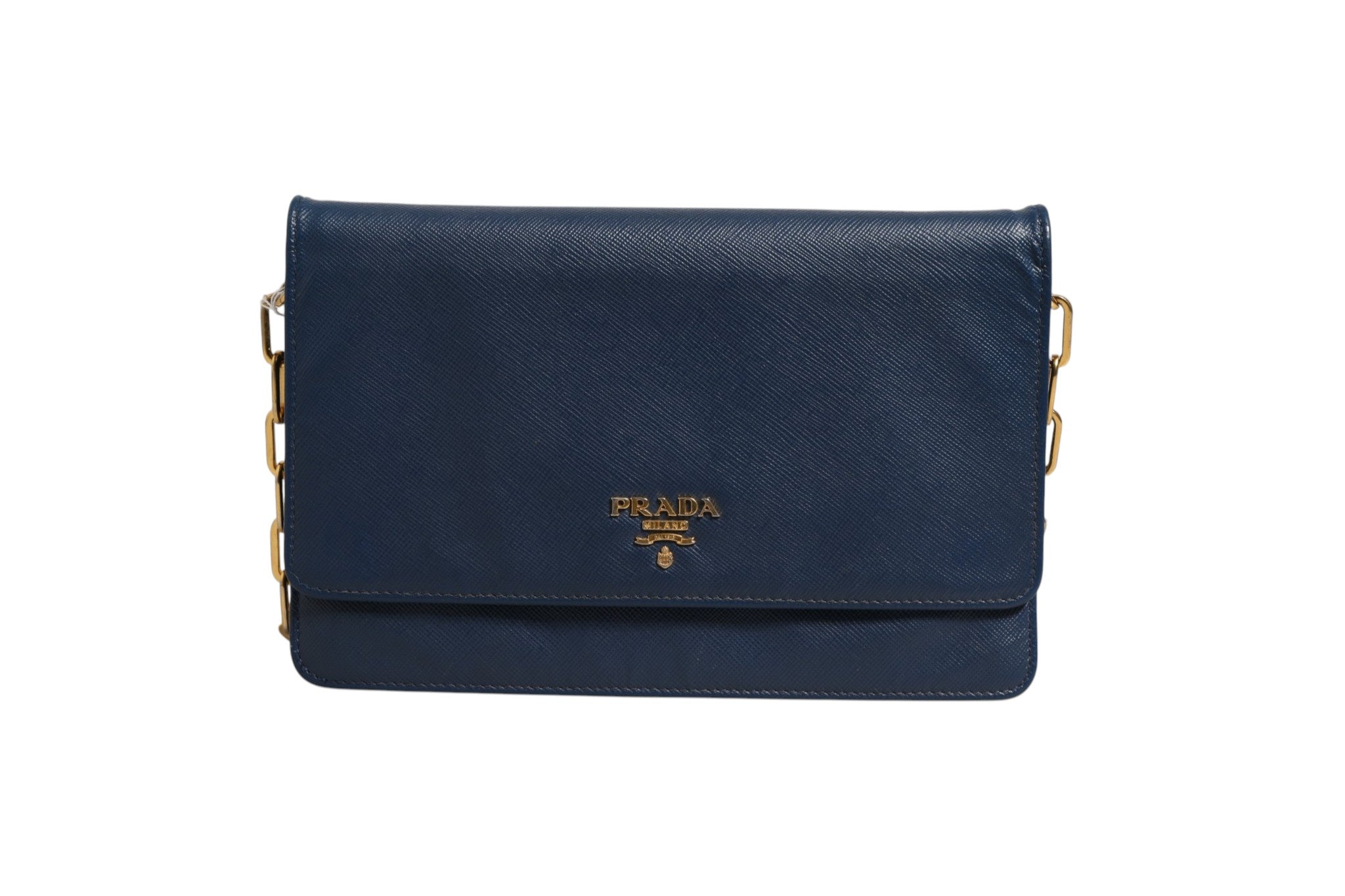 Blue Saffiano Leather Wallet on Chain Clutch Bag