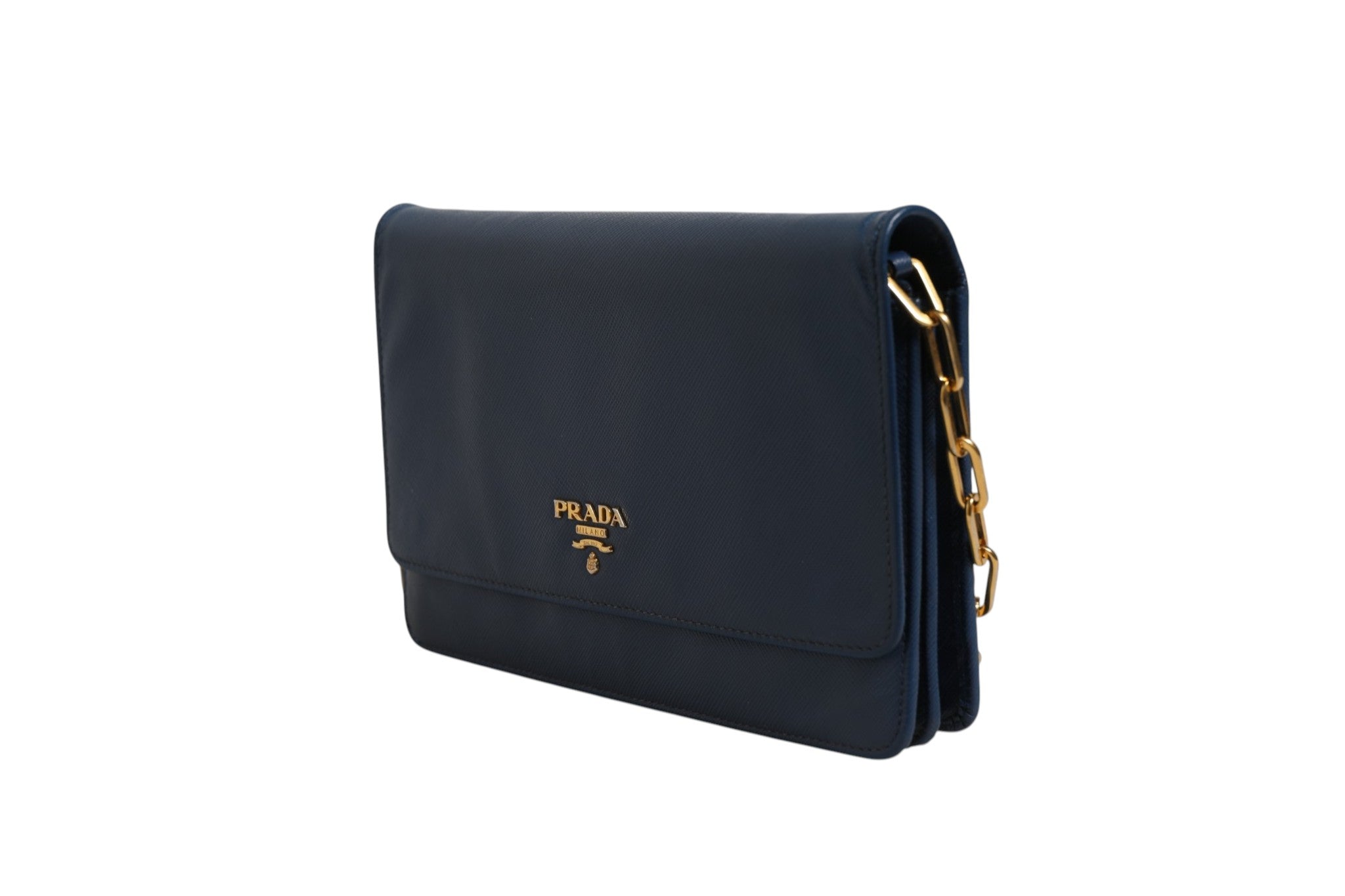 Blue Saffiano Leather Wallet on Chain Clutch Bag