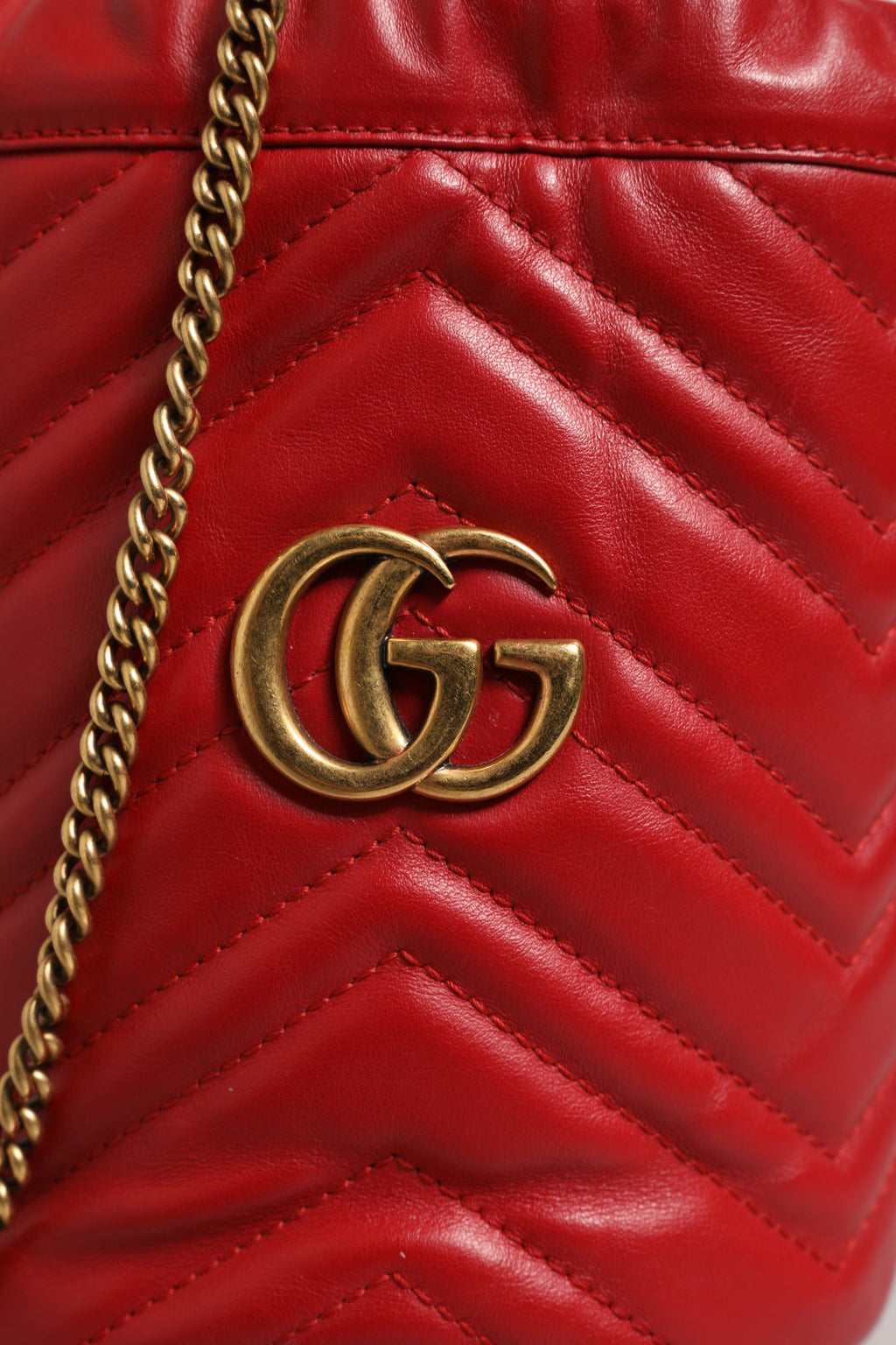 Red Chevron-quilted Calfskin Leather GG Marmont Bucket Bag