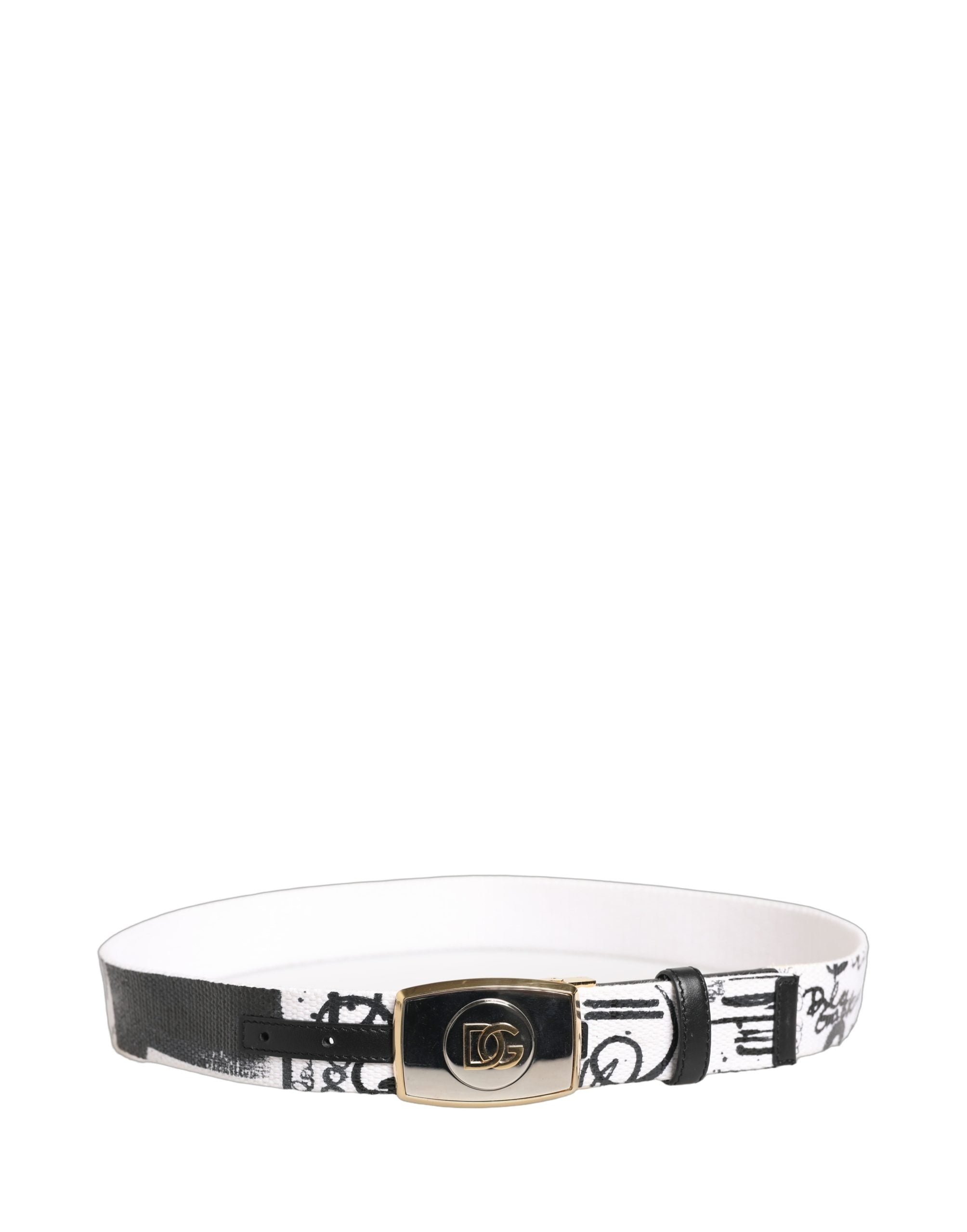 White Graffiti Print Gold Metal Buckle Belt