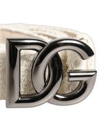 White Cotton Fleece DG Logo Metal Buckle Belt