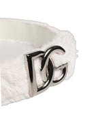 White Fleece Silver DG Logo Metal Buckle Belt