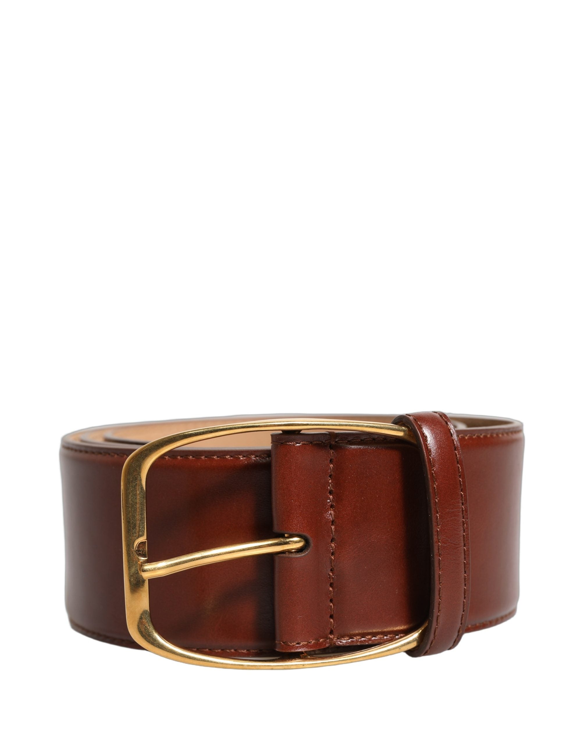 Brown Calfskin Leather Gold Metal Buckle Belt