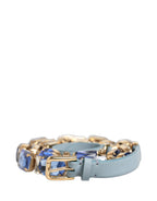 Blue Leather Crystal Chain Embellished Belt