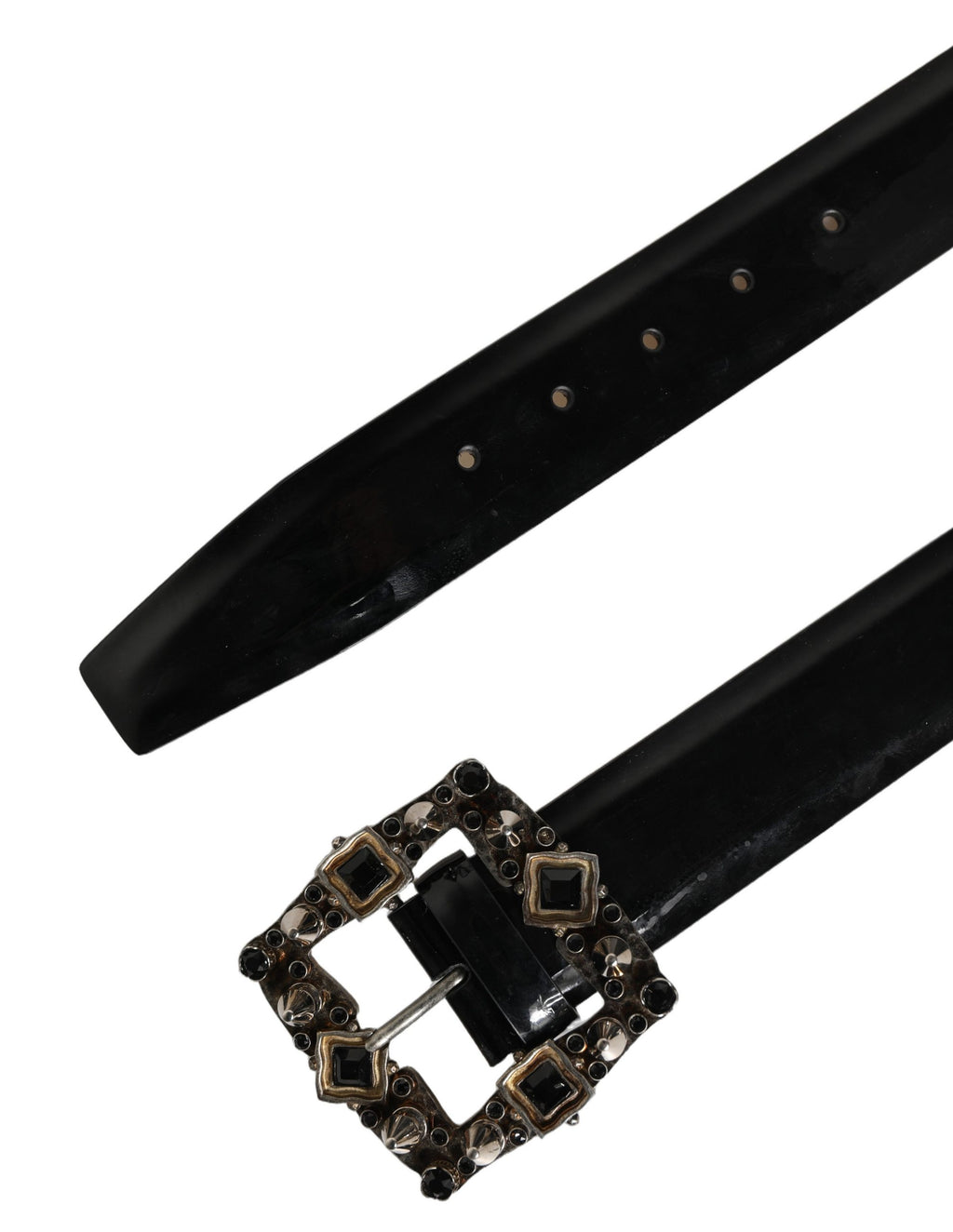 Black Leather Crystal Metal Buckle Belt