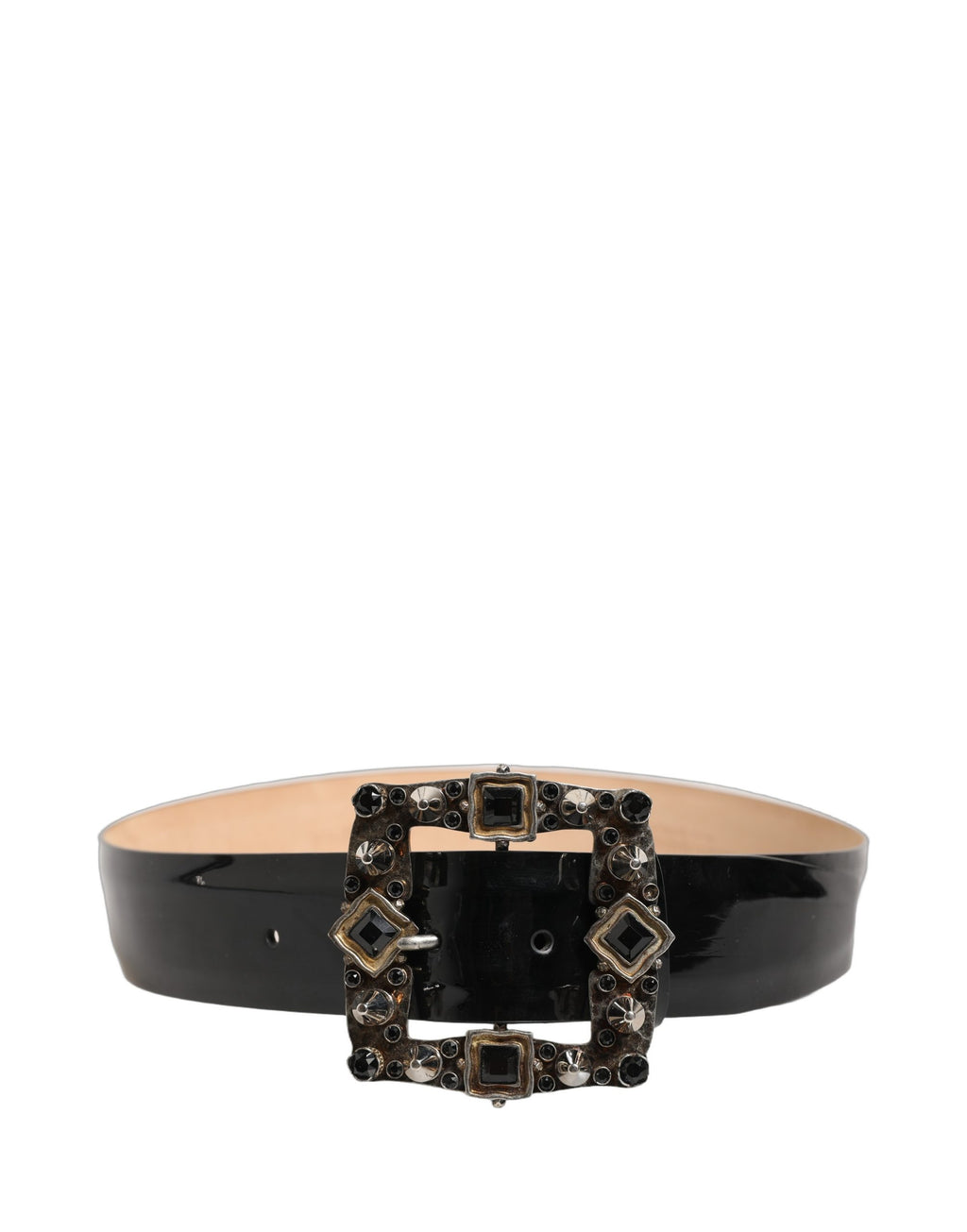 Black Leather Crystal Metal Buckle Belt