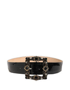 Black Leather Crystal Metal Buckle Belt