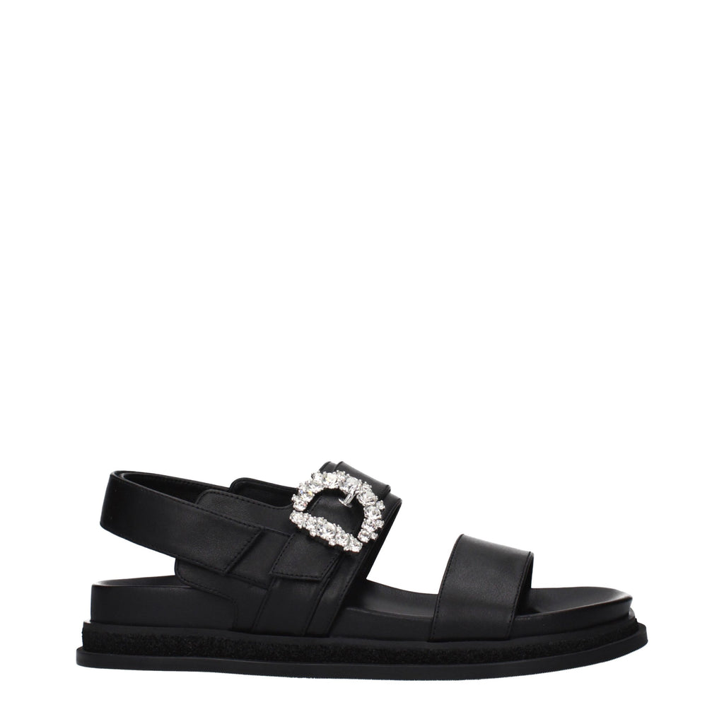 Black Leather Flat Sandals