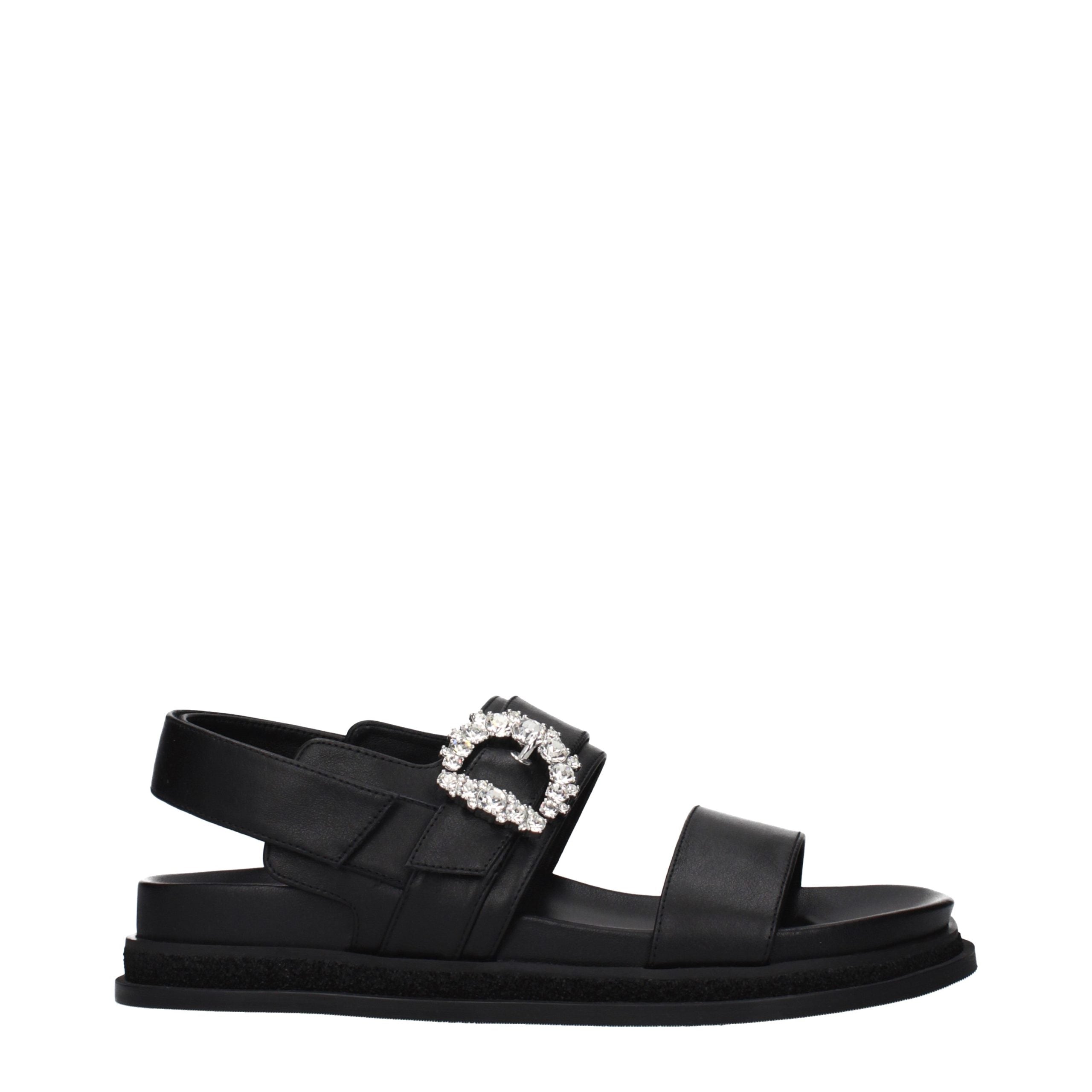 Black Leather Flat Sandals