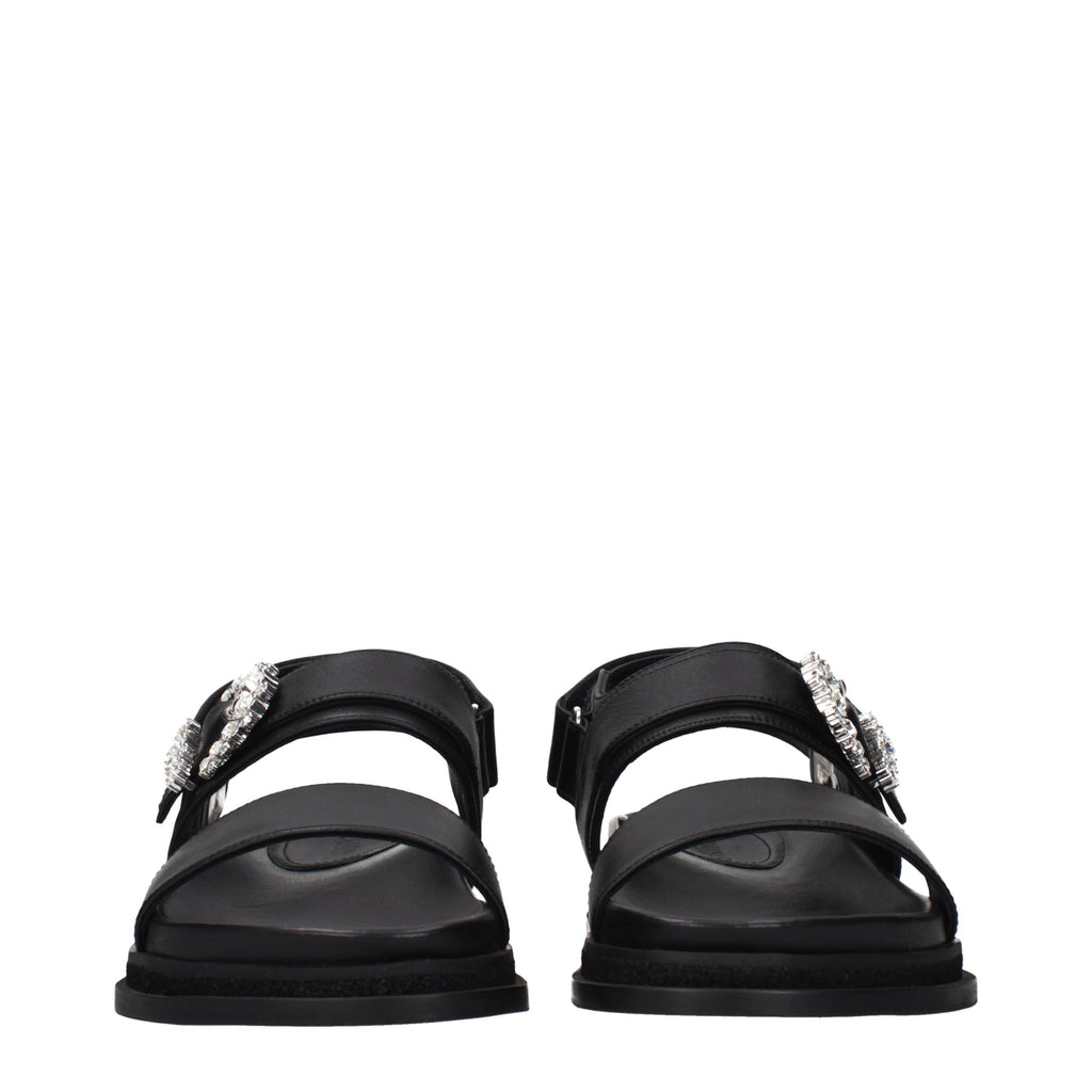 Black Leather Flat Sandals