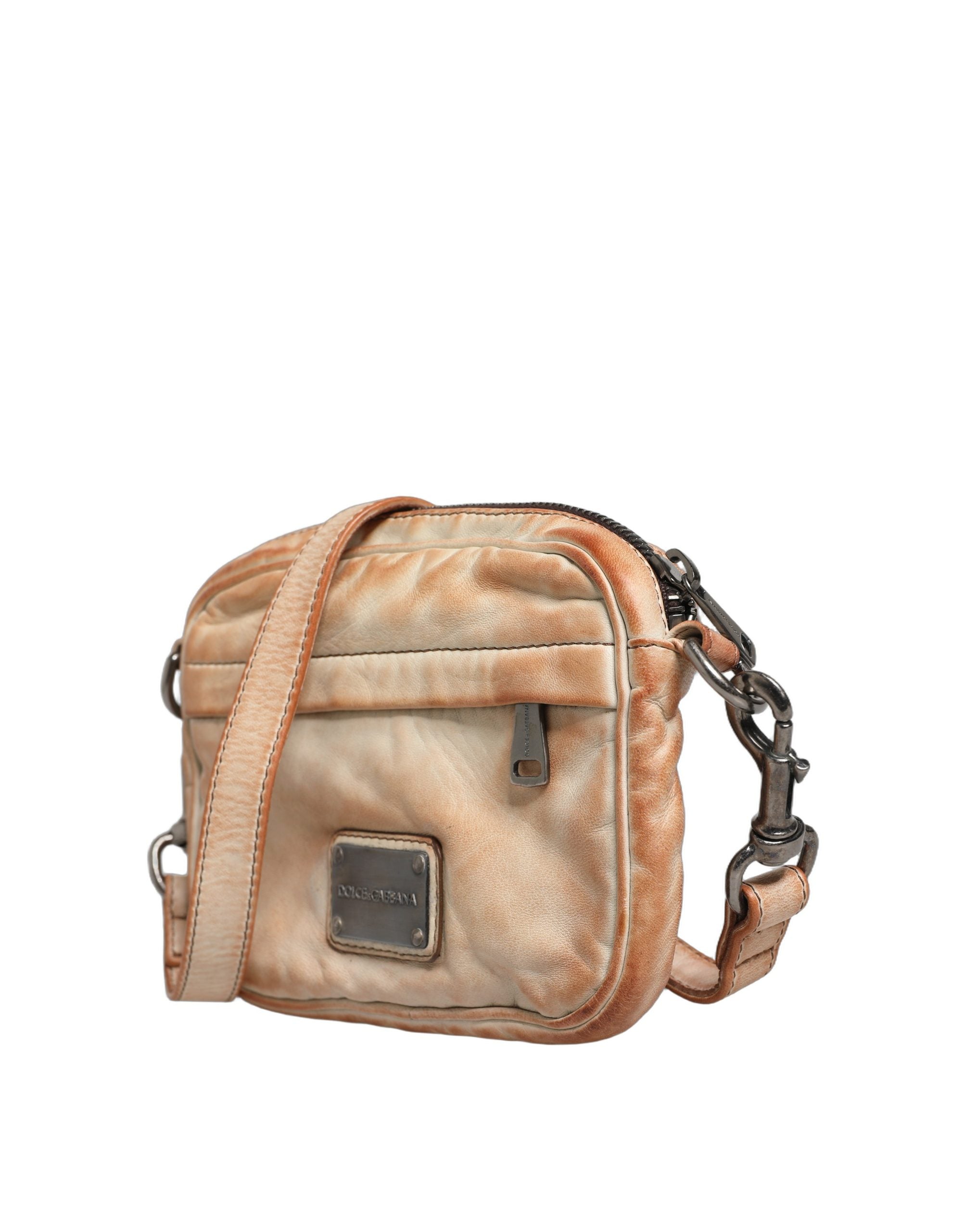 Beige Vintage Leather Logo Plaque Shoulder Borse Men Bag