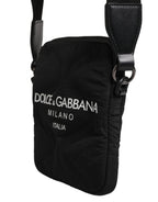 Black Nylon Rubberized Logo Print Crossbody Borse Bag