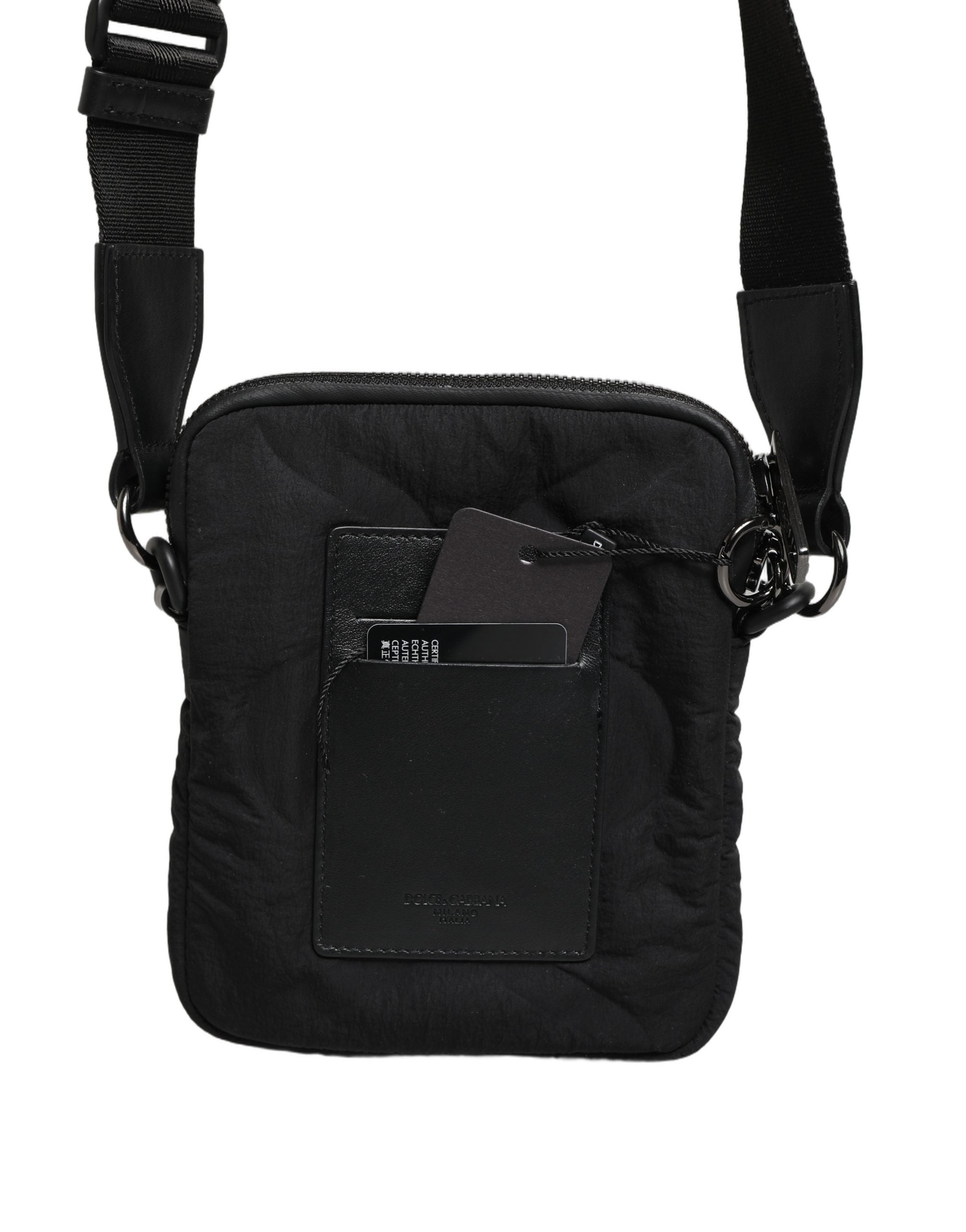 Black Nylon Rubberized Logo Print Crossbody Borse Bag