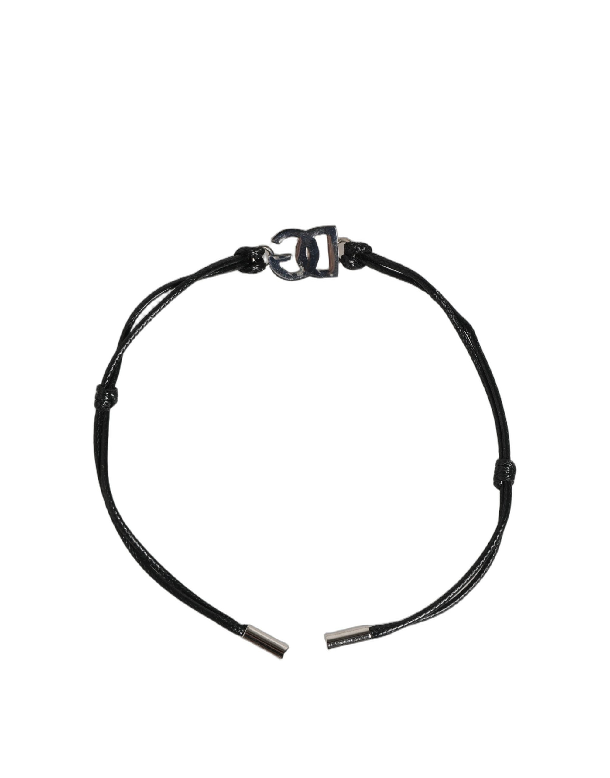 Black Polyester Cord Silver Tone DG Logo Charm Bracelet