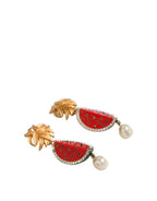 Red Watermelon Gold Brass Crystal Clip Dangling Earrings