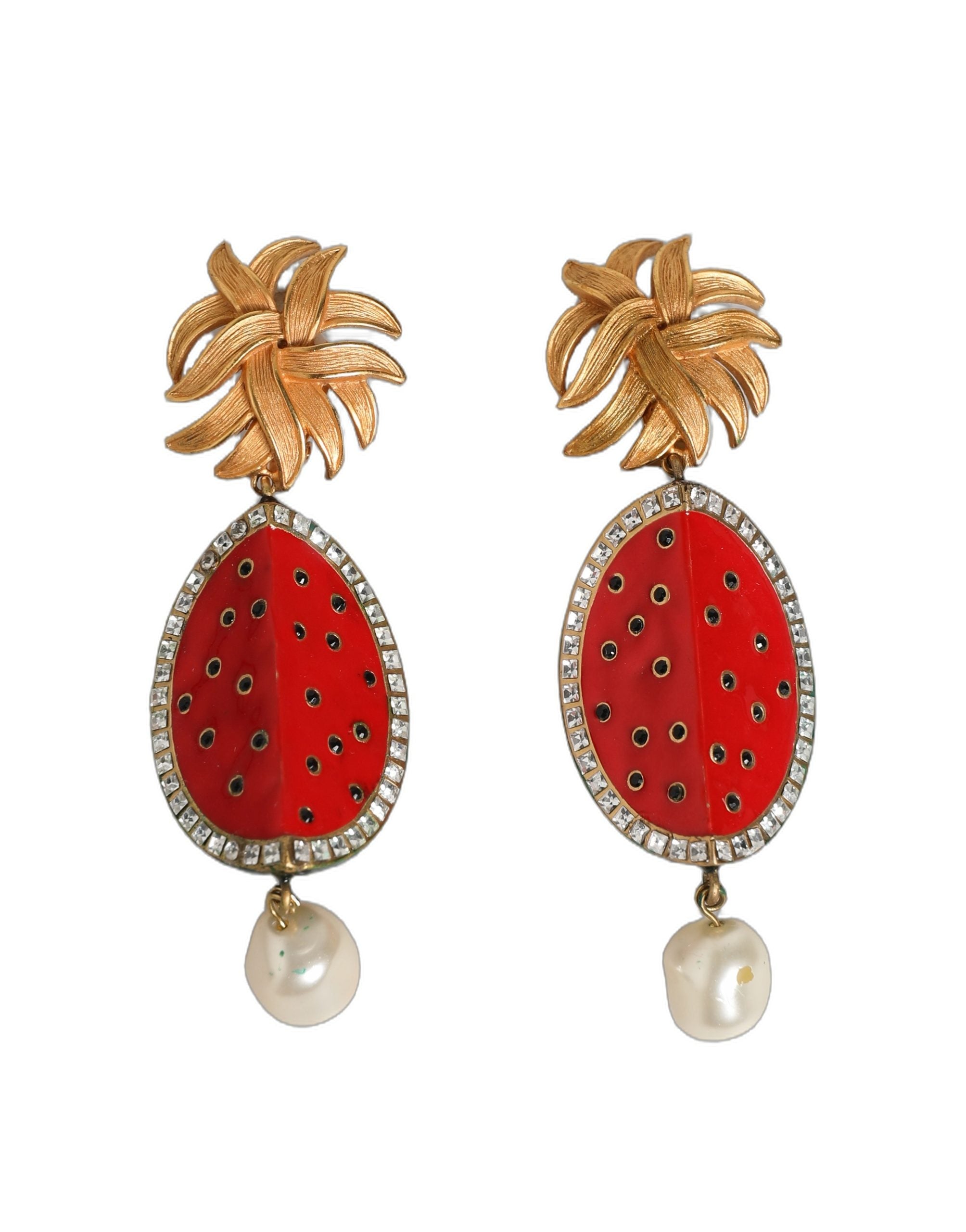 Red Watermelon Gold Brass Crystal Clip Dangling Earrings