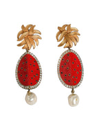 Red Watermelon Gold Brass Crystal Clip Dangling Earrings