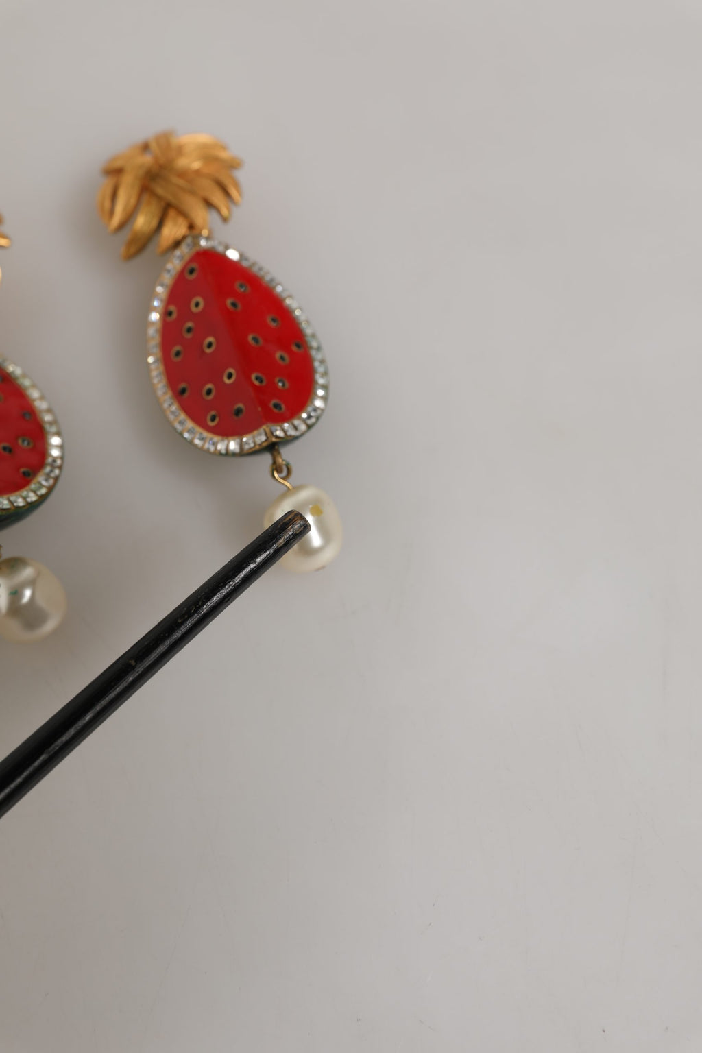 Red Watermelon Gold Brass Crystal Clip Dangling Earrings