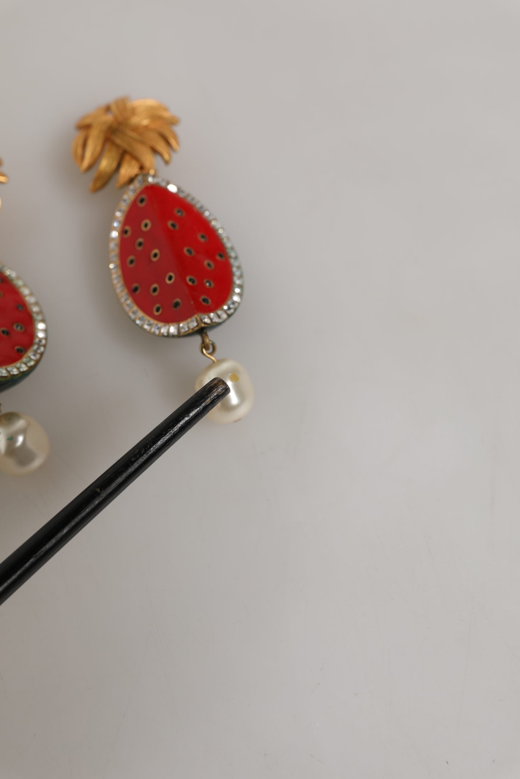 Red Watermelon Gold Brass Crystal Clip Dangling Earrings