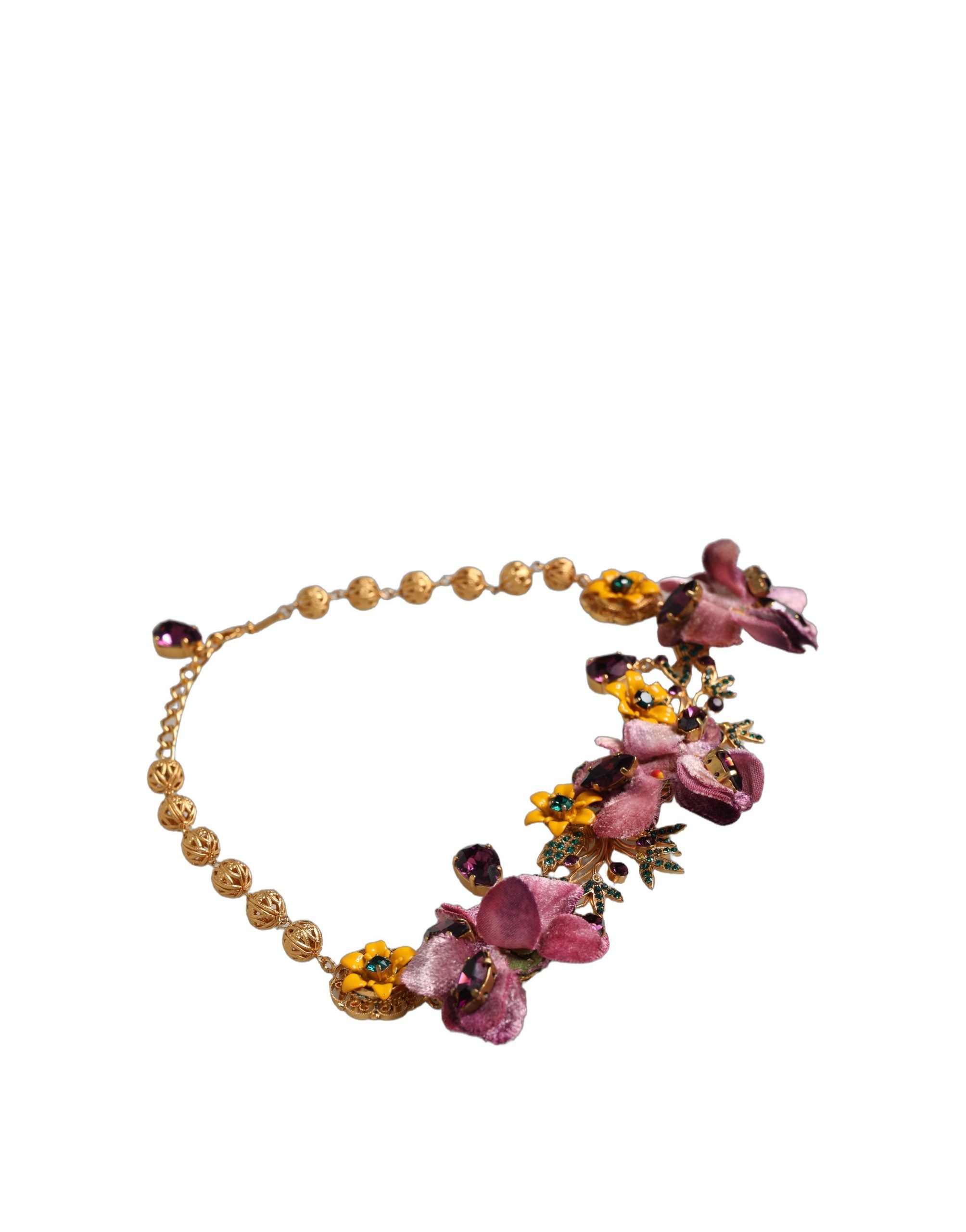 Gold Brass Mix Fiori Flowers Crystal Chain Necklace