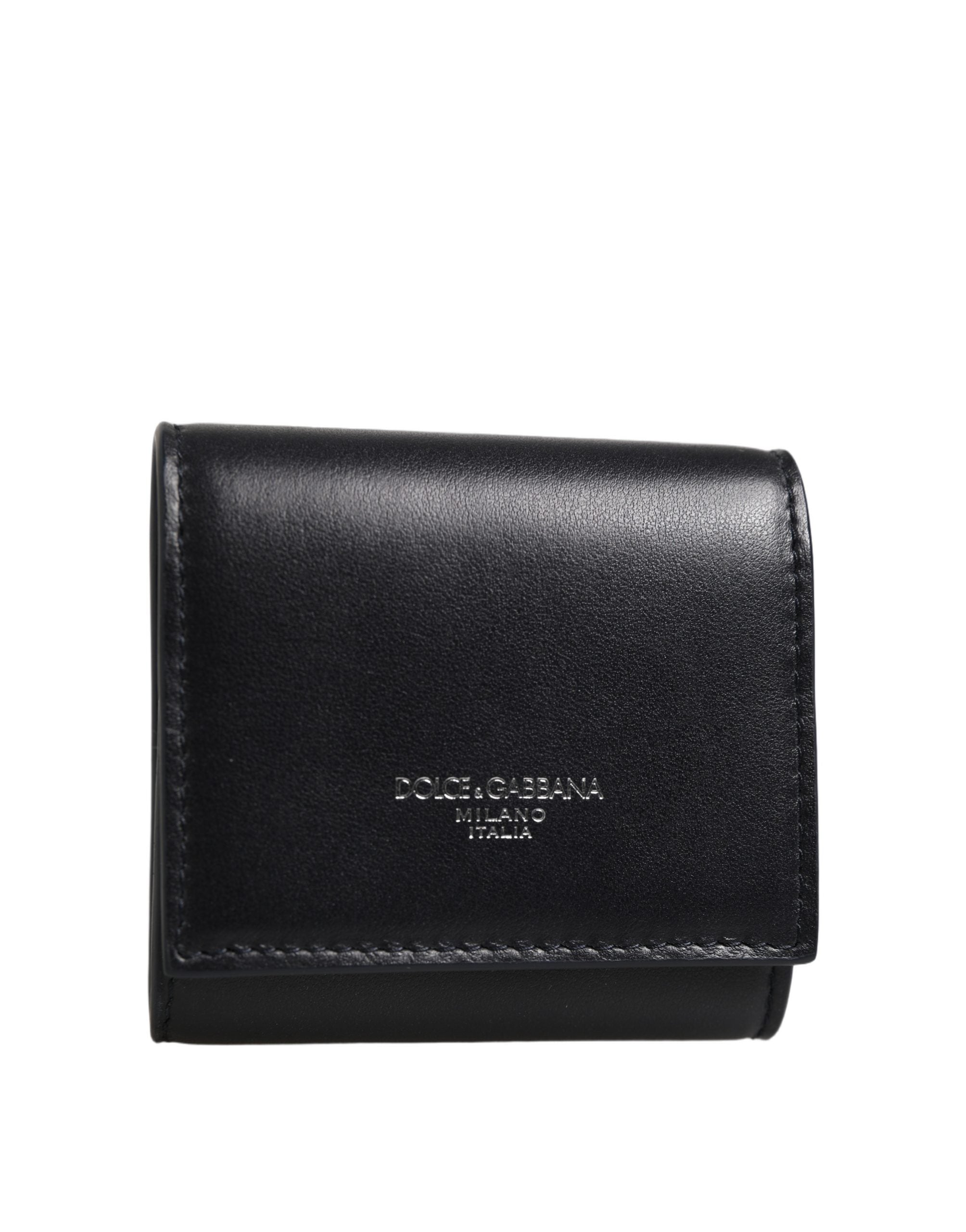 Black Calfskin Leather Logo Print Bifold CoinPurse Wallet
