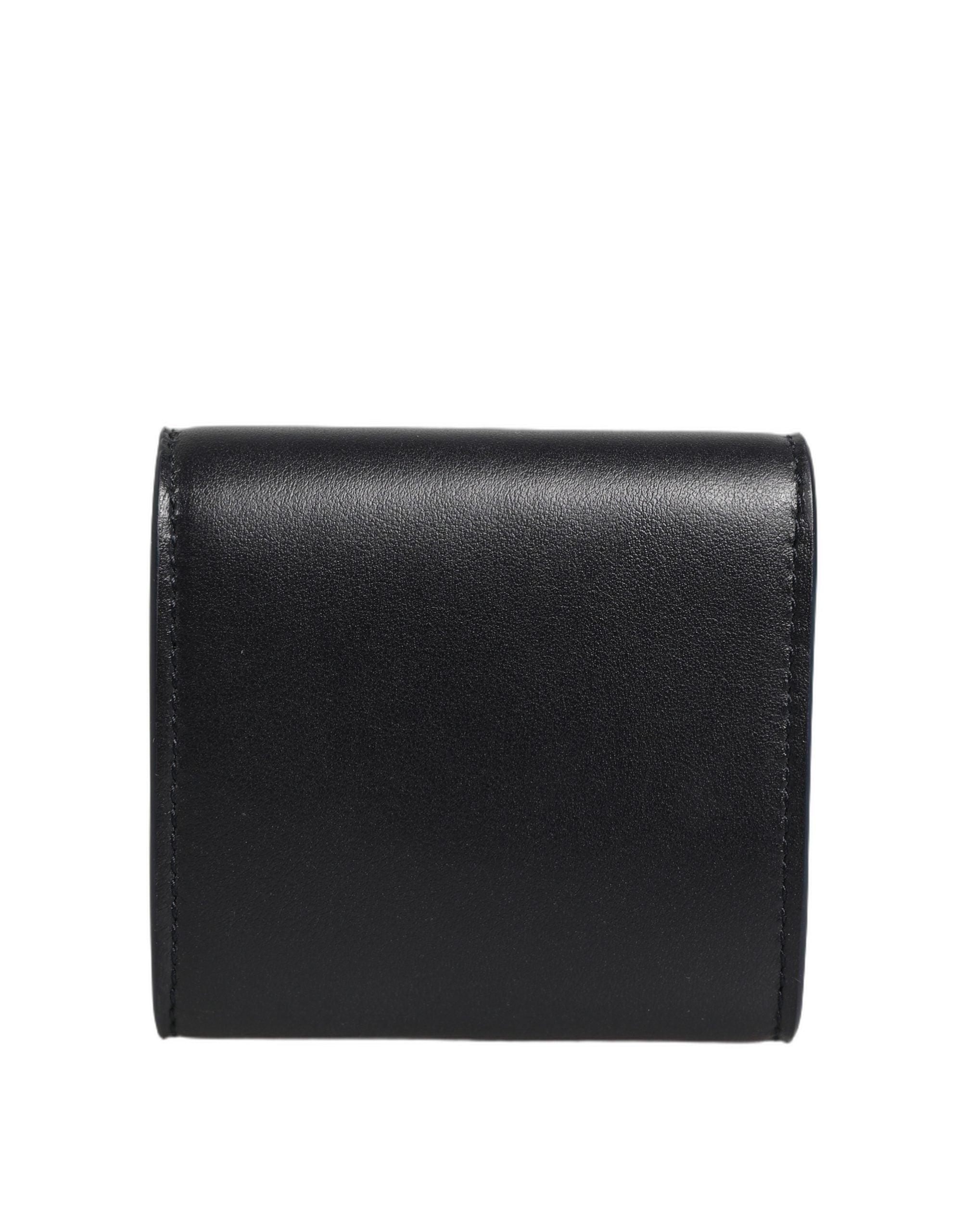 Black Calfskin Leather Logo Print Bifold CoinPurse Wallet