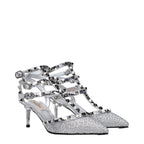 Gray Leather Stiletto Heel Sandals