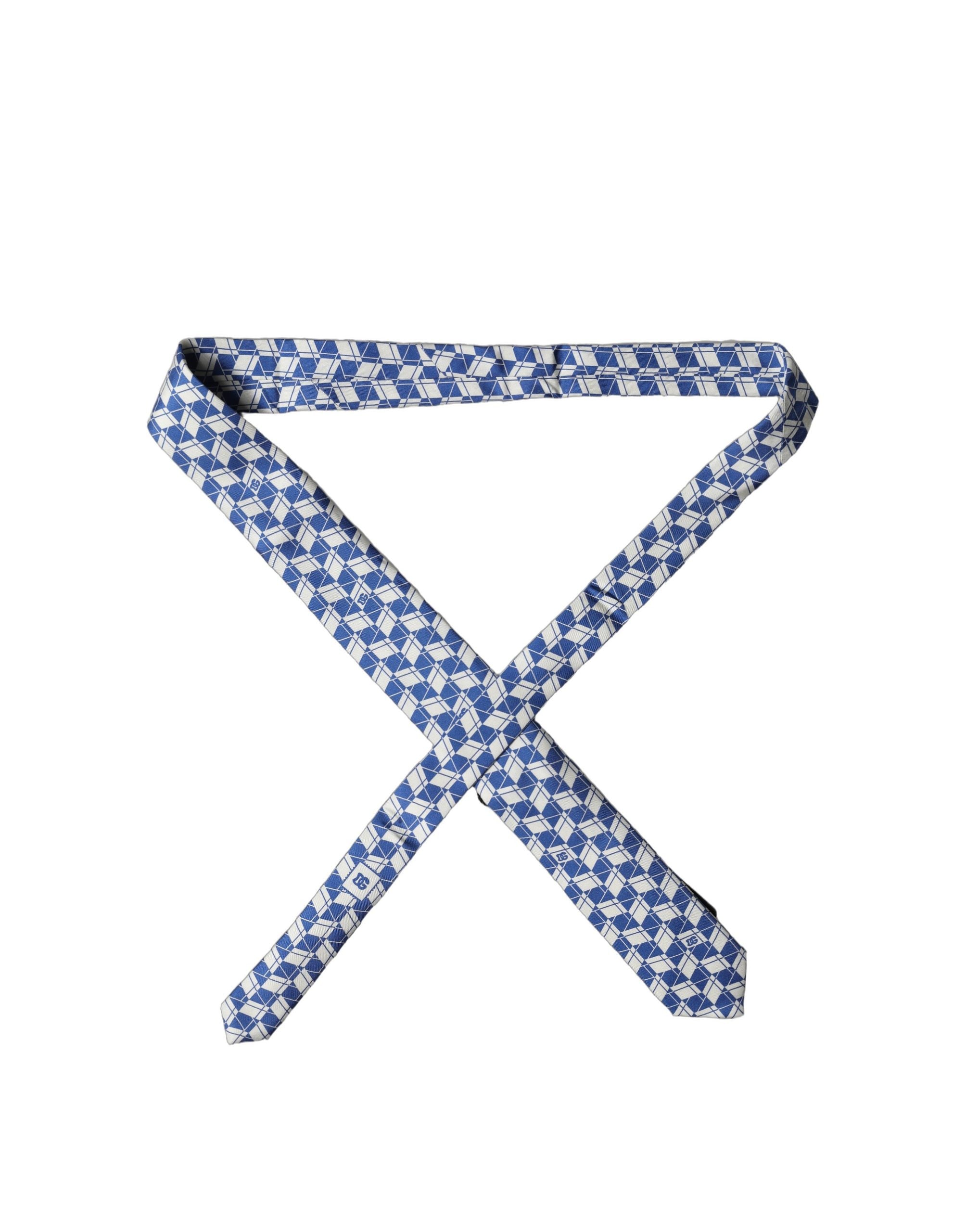 Blue White Geometric Silk Adjustable Men Tied Necktie Tie
