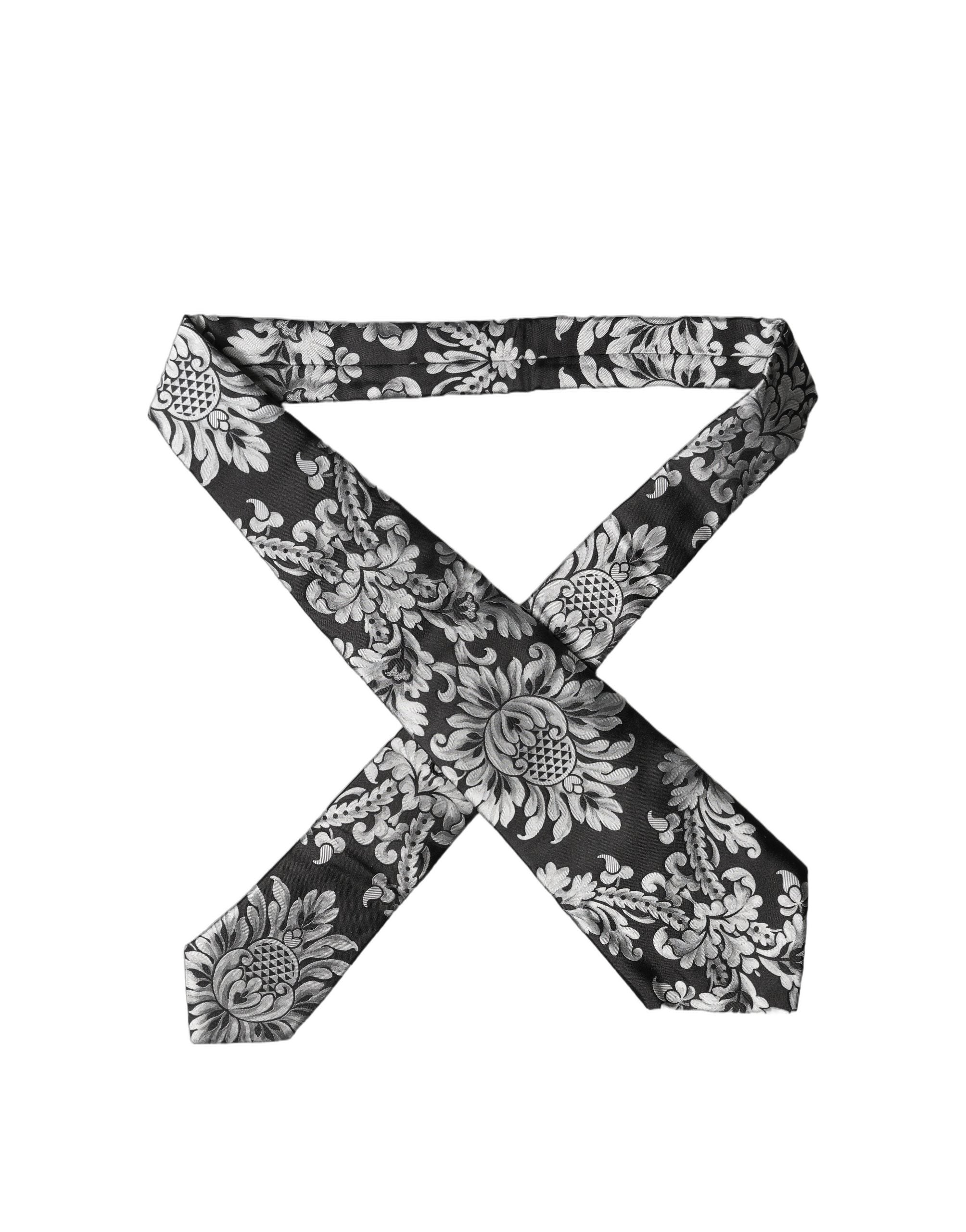Black Silver Floral Silk Adjustable Women Necktie Tie
