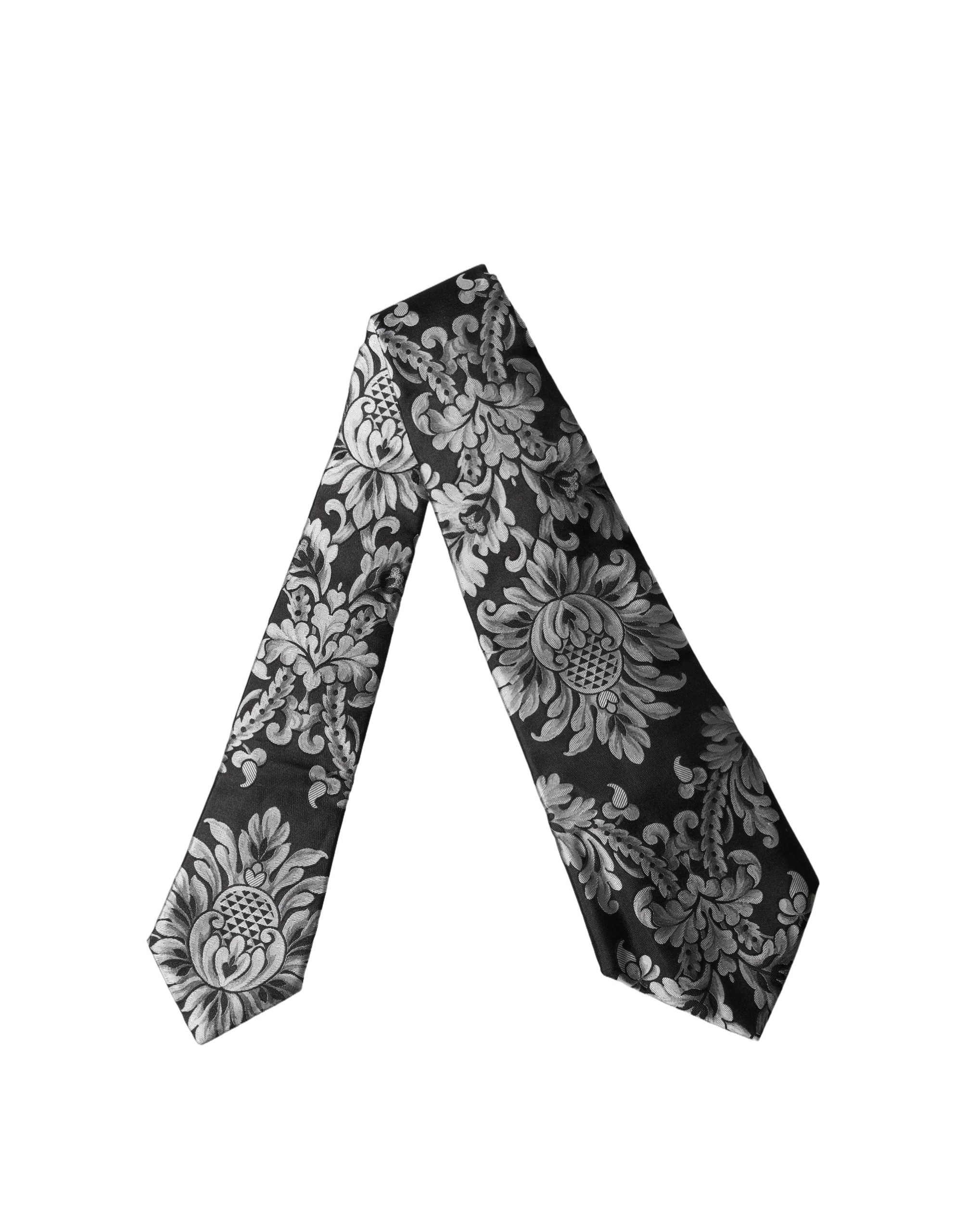 Black Silver Floral Silk Adjustable Women Necktie Tie