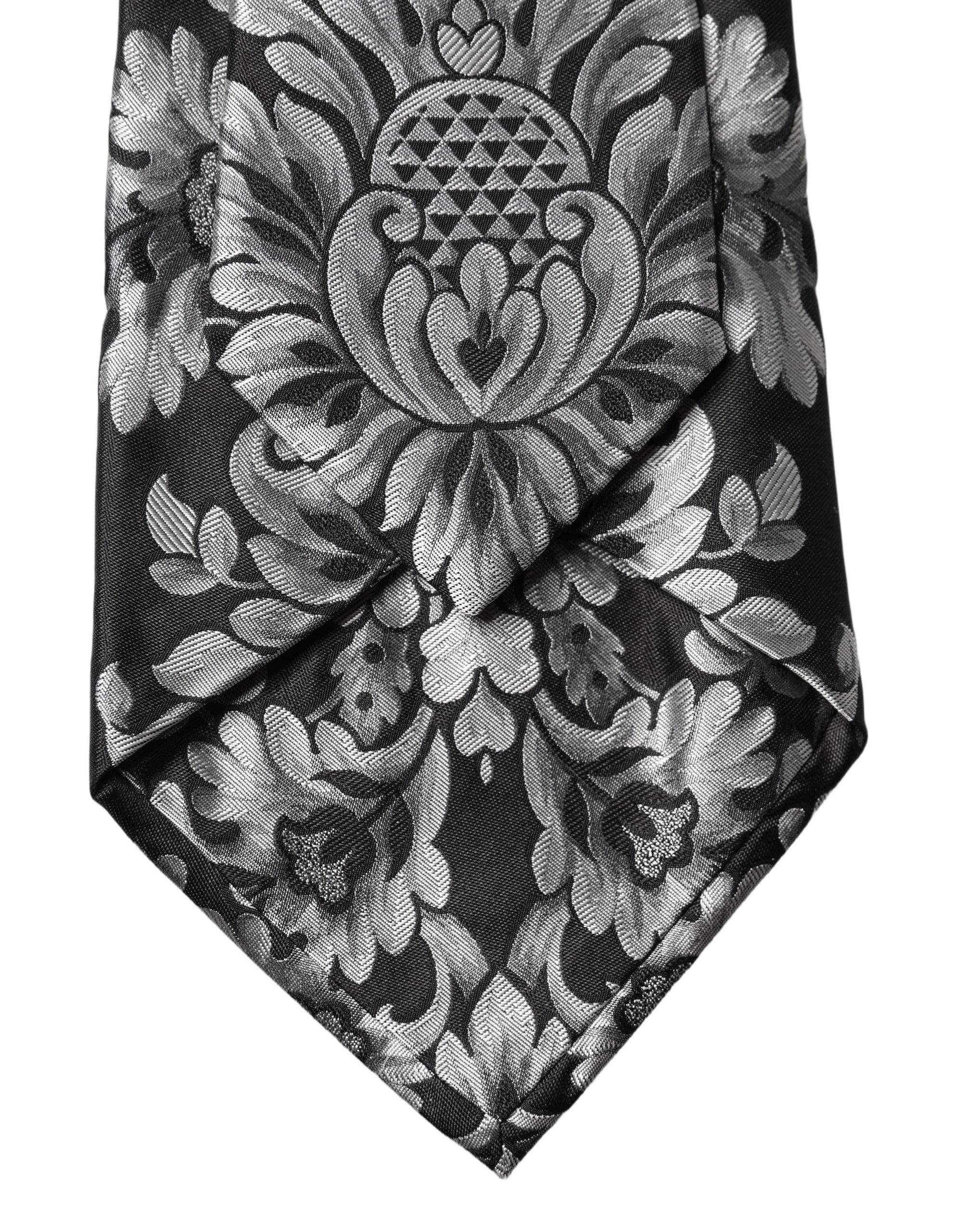 Black Silver Floral Silk Adjustable Women Necktie Tie