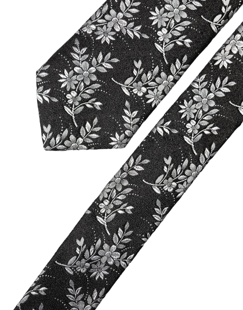 Black White Floral Silk Adjustable Men Tied Necktie Tie