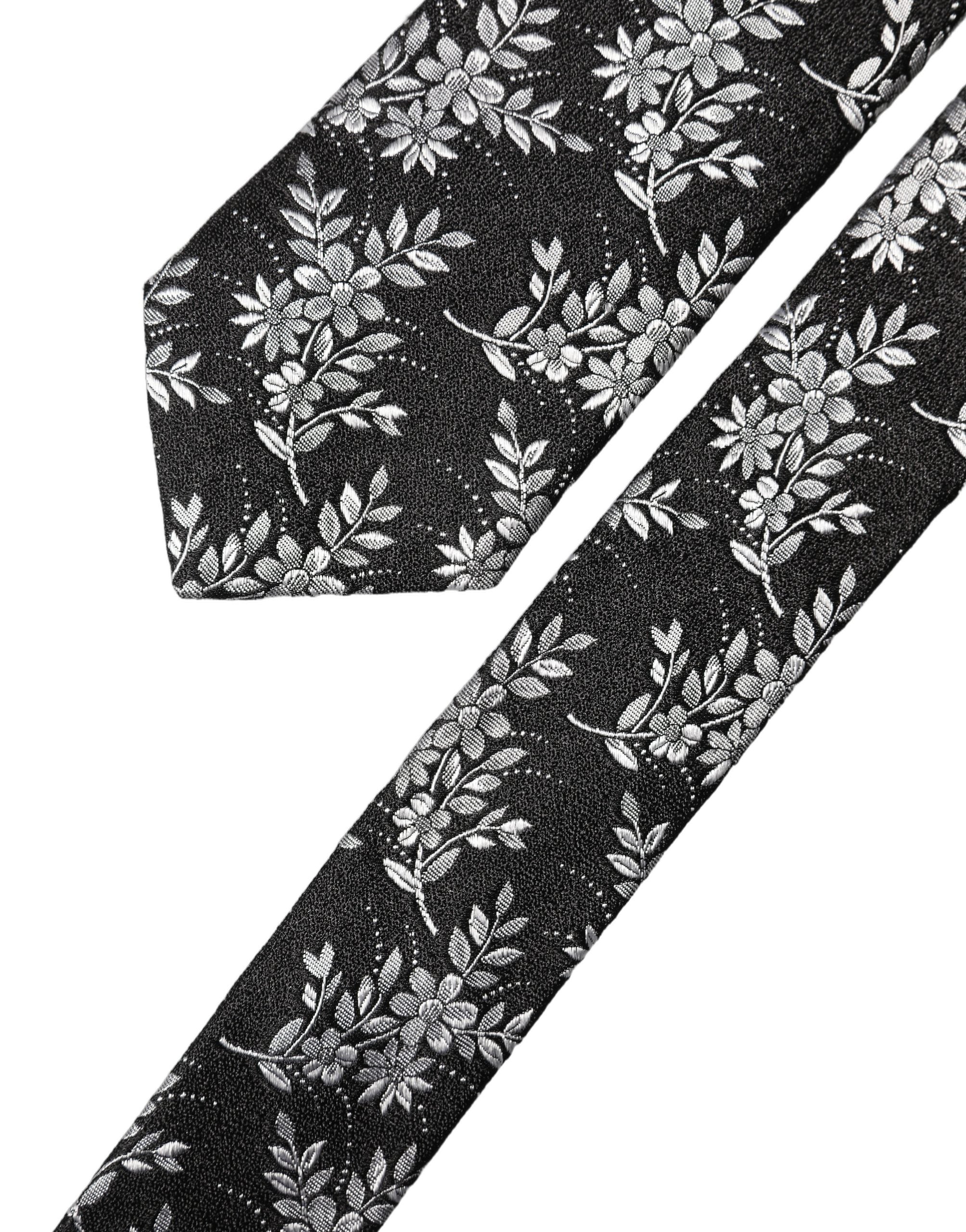 Black White Floral Silk Adjustable Men Tied Necktie Tie
