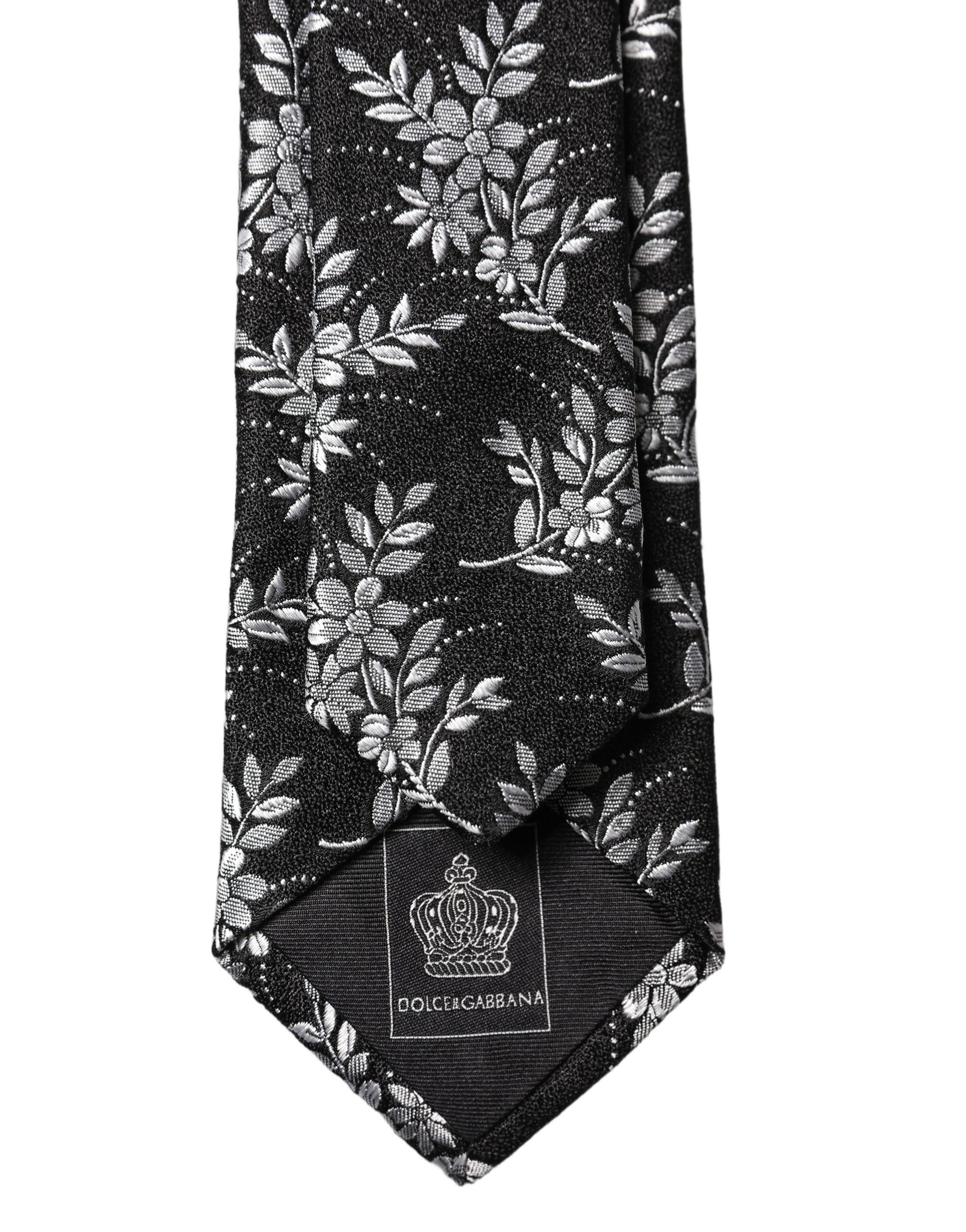 Black White Floral Silk Adjustable Men Tied Necktie Tie