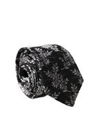 Black White Floral Silk Adjustable Men Tied Necktie Tie