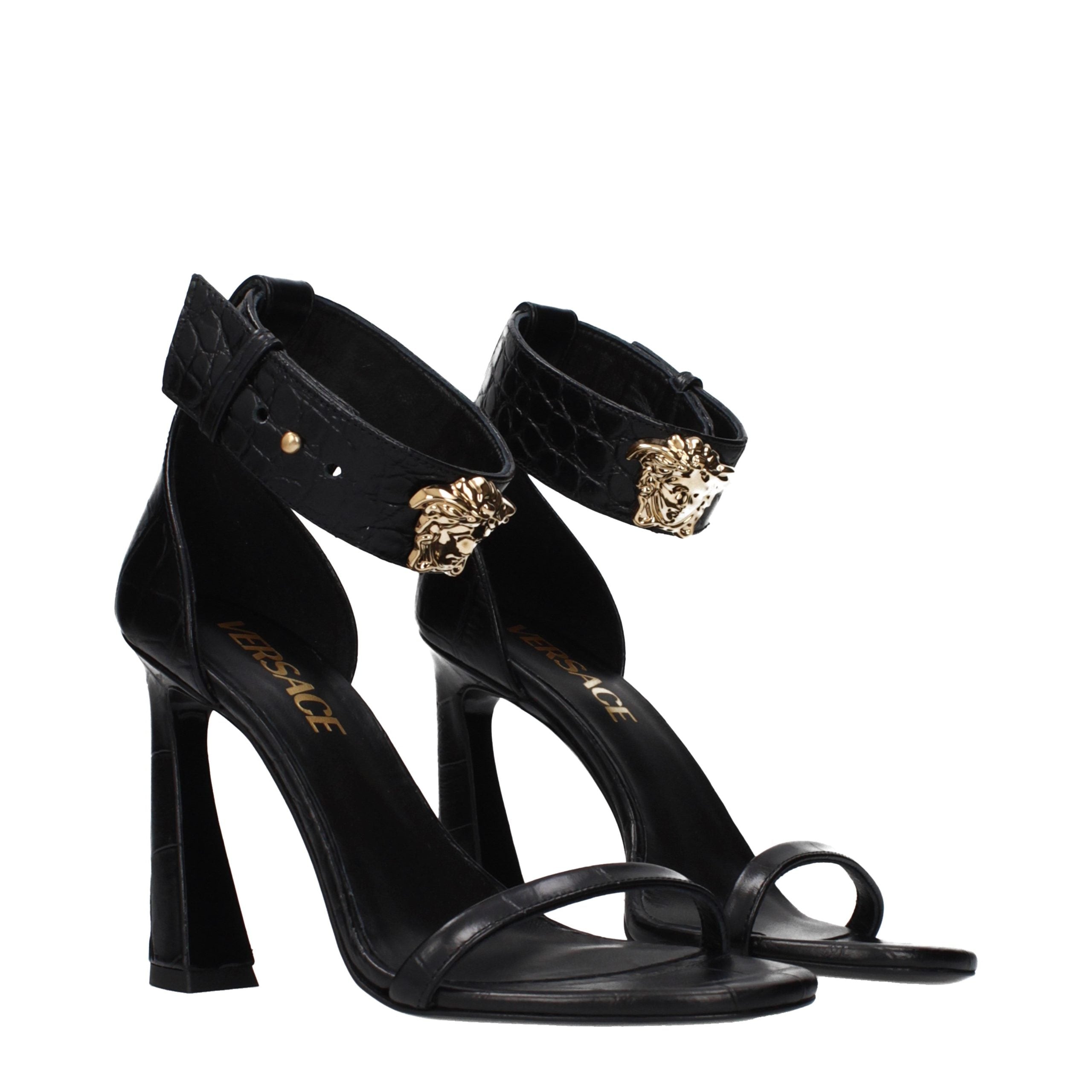 Black Leather Stiletto Heel Sandals