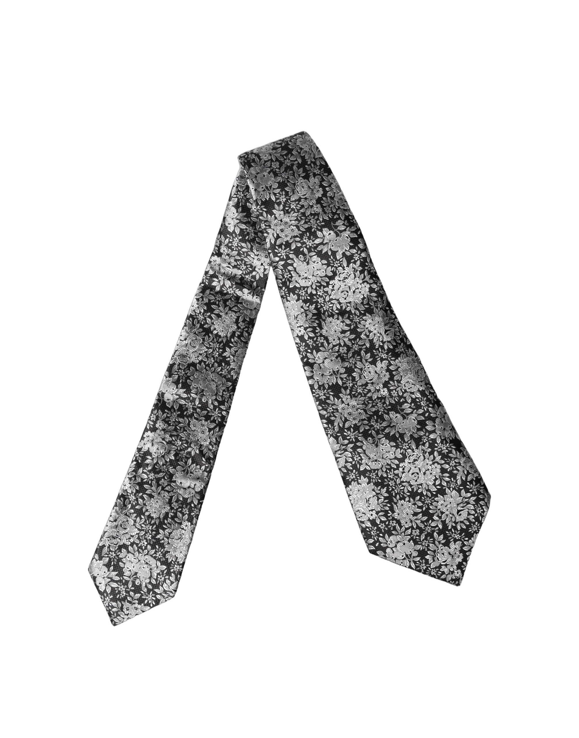 Black Silver Floral Silk Adjustable Women Necktie Tie