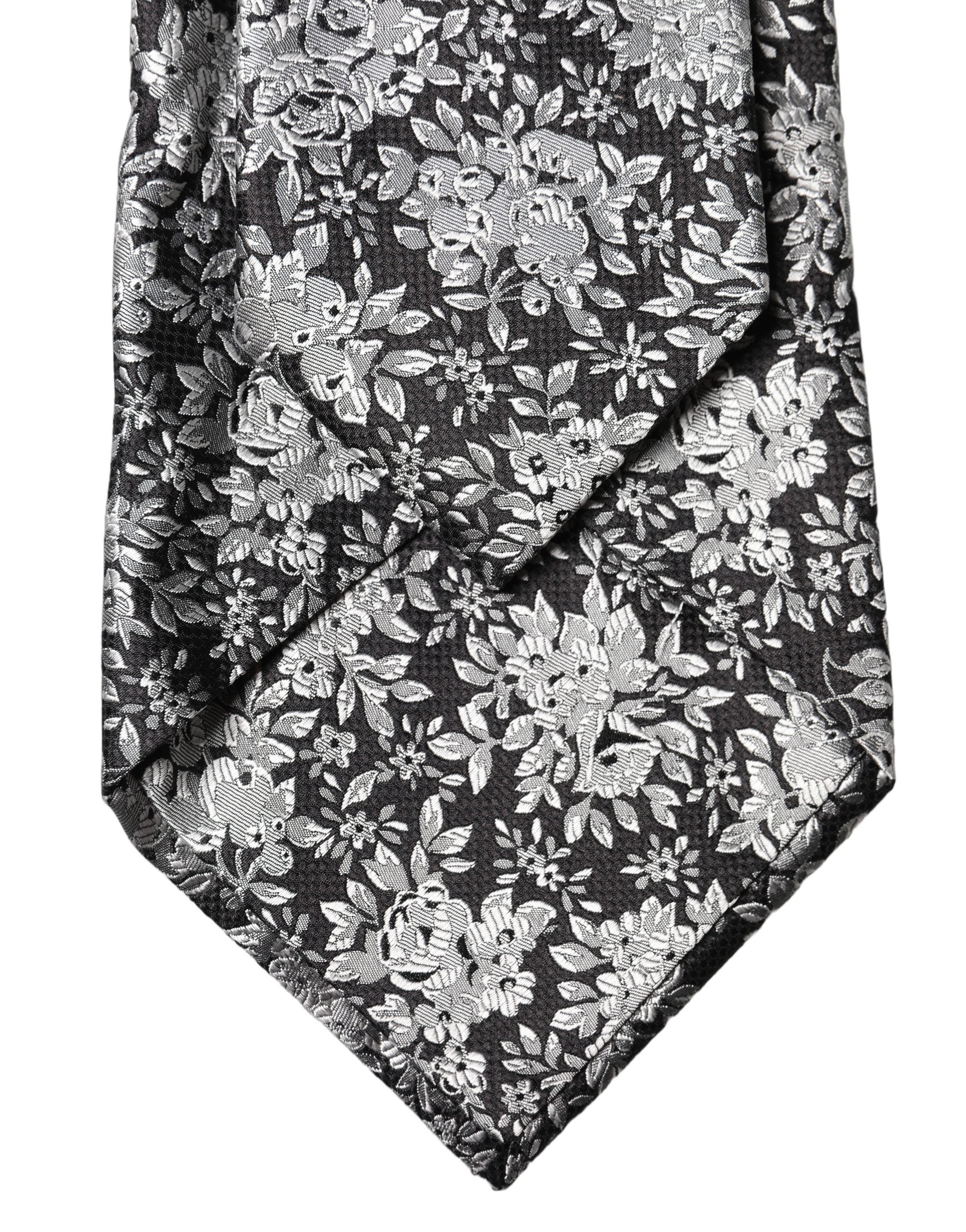 Black Silver Floral Silk Adjustable Women Necktie Tie