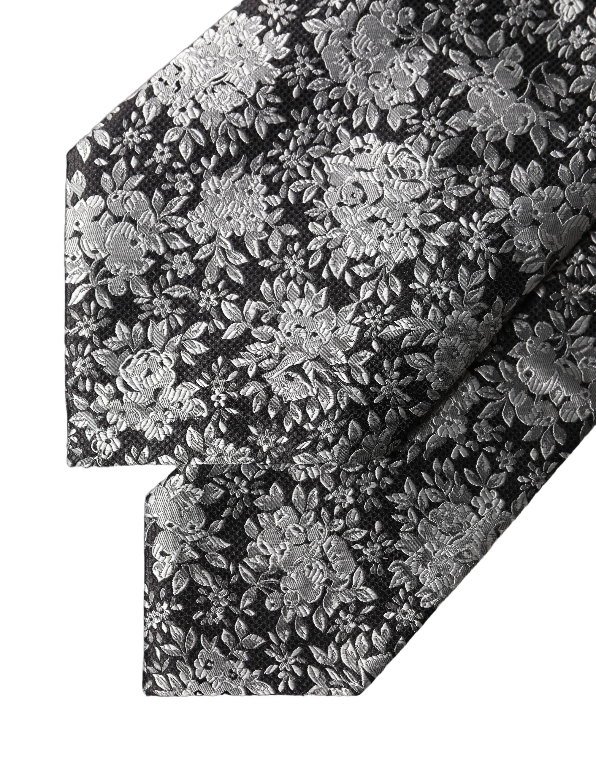 Black Silver Floral Silk Adjustable Women Necktie Tie