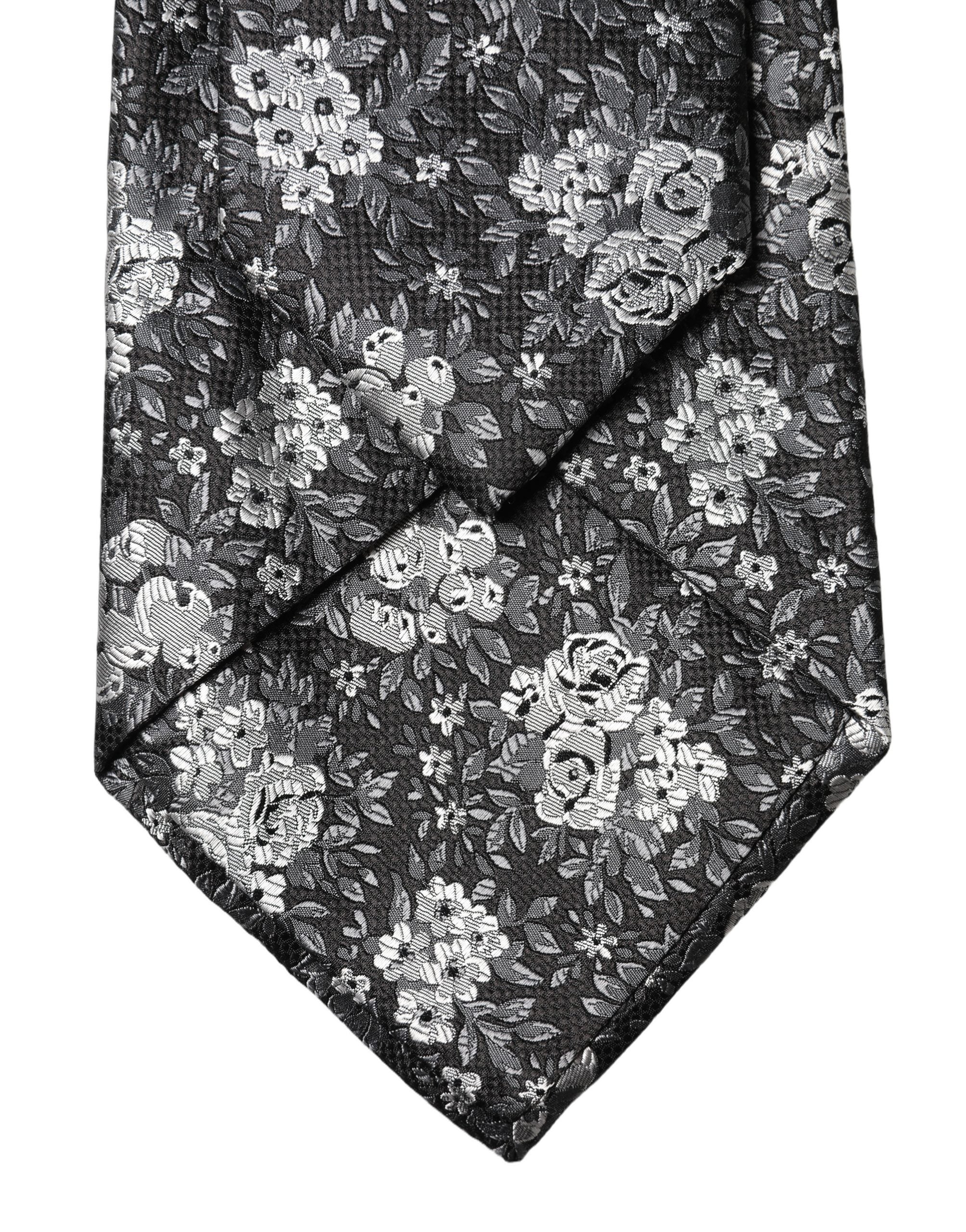 Black White Floral Silk Adjustable Women Necktie Tie